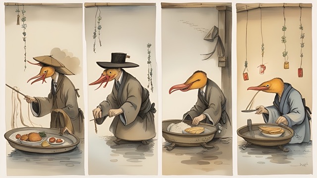 Illustration of Peking Duck and A Man Feasting