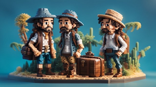 pixel art illustration of 3 tourists