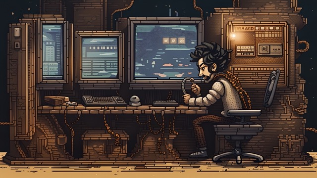 Pixel Art Illustration of Man with Supercomputers