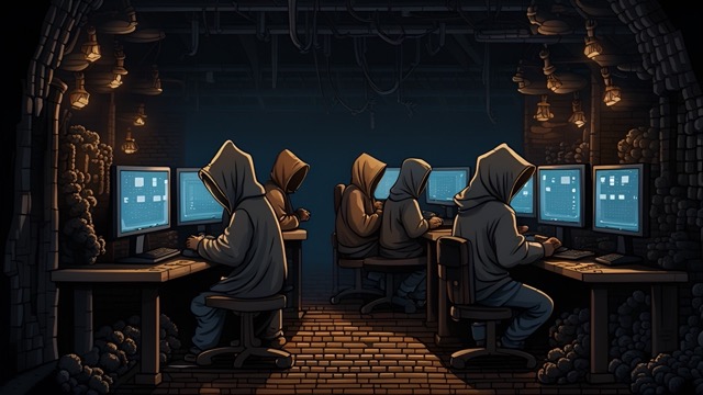 Pixel Art Illustration of victims working on computers in dark room